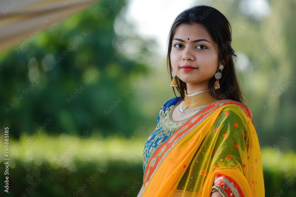 Beautiful Indian woman wearing traditional orange and yellow clothing. Fictional Character Created By Generated By Generated AI.