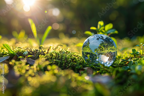  earth day or climate day concept - globe in the grass closeup
