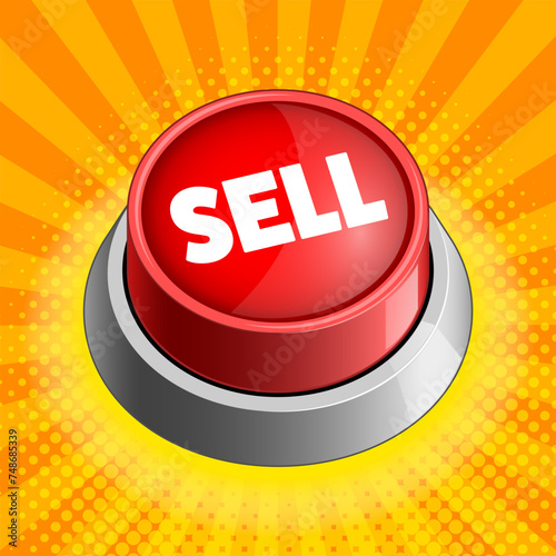 Sell red button isolated on yellow background vector illustration. Concept illustration. Hand drawn color vector illustration.