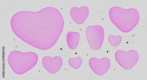 Collection 3D wireframe pink heart. Pixel cube heart. Vector