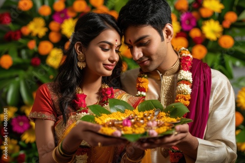A Traditional Hindu Couple Performing Puja Together. Fictional Character Created By Generated By Generated AI.