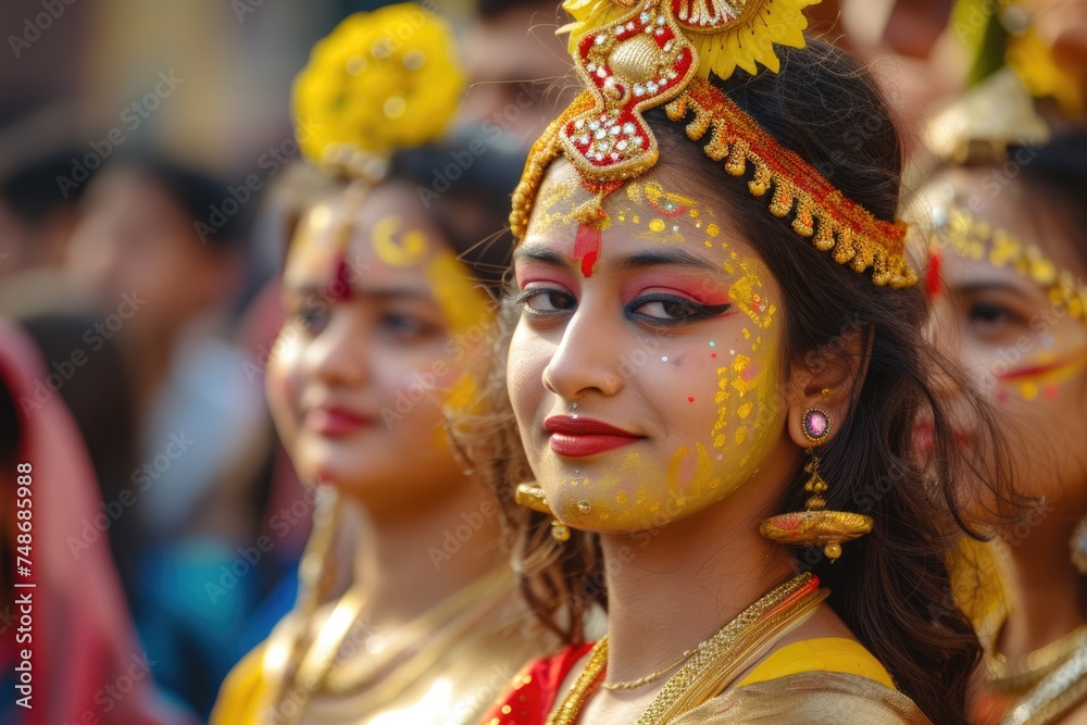 Cultural Festival - Indian Women Adorned with Traditional Makeup and Festive Decorations. Fictional Character Created By Generated By Generated AI.
