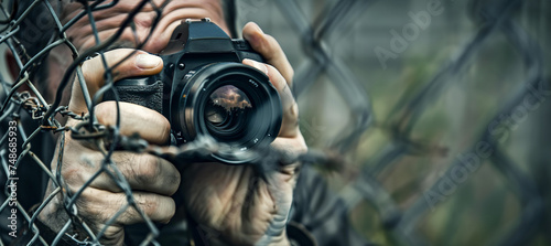 photographer or paparazzi with photo camera behind barbed wire.world press freedom day photo