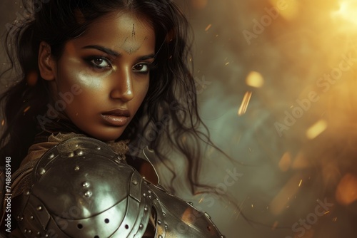 Fierce Warrior Woman in Metal Armor. Fictional Character Created By Generated By Generated AI.