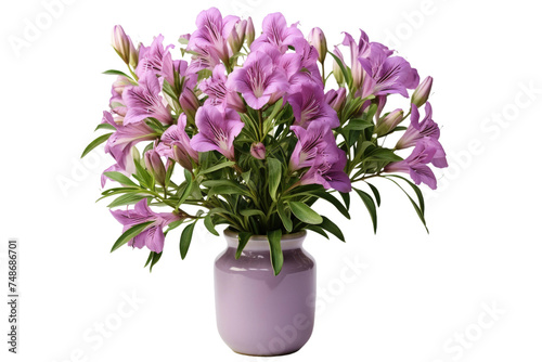 Purple Vase Overflowing With Purple Flowers. A purple vase is filled to the brim with an abundance of vibrant purple flowers, creating a stunning display of color and beauty.