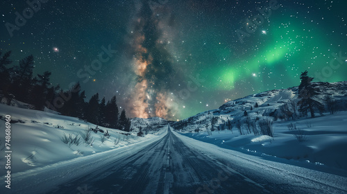 Aurora borealis, Northern lights over road in winter, Northern lights over the road in the mountains. Winter landscape with milky way © Phichet1991
