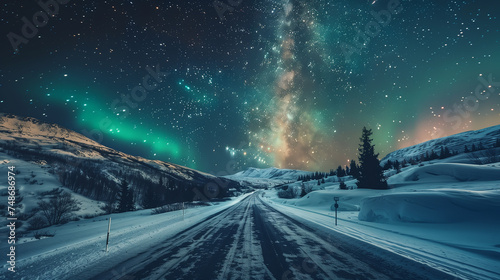 Road to the dream Aurora borealis, Northern lights over road in winter, Northern lights over the road in the mountains. Winter landscape with milky way