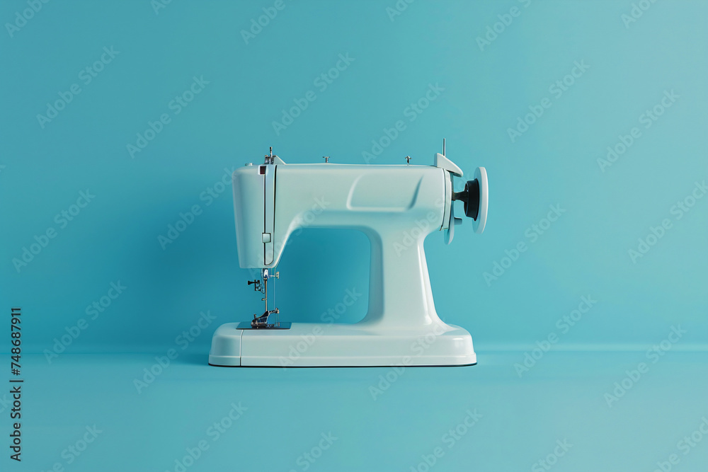 white sewing machine isolated on blue background