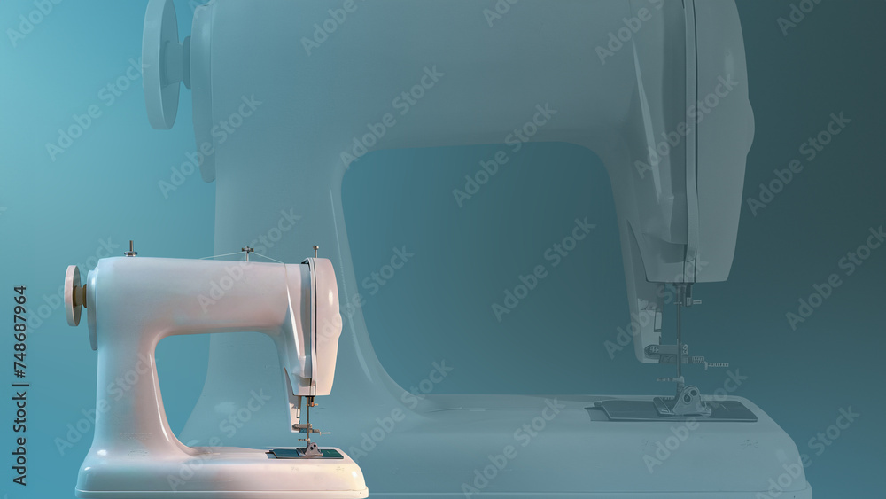 white sewing machine isolated on blue background