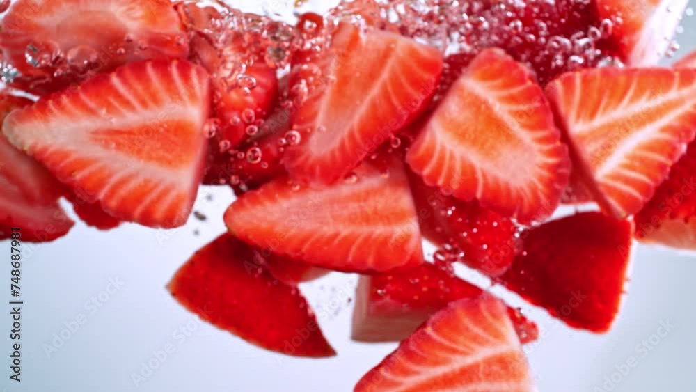 Super Slow Motion Shot of Fresh Strawberry Cuts Falling and Flowing in Water at 1000 fps. Super Slow Motion Shot of Fresh Strawberry Cuts Falling and Flowing in Water at 1000 fps.