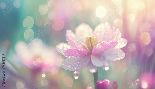 A delicate pink flower glistens with dew against a dreamy bokeh background