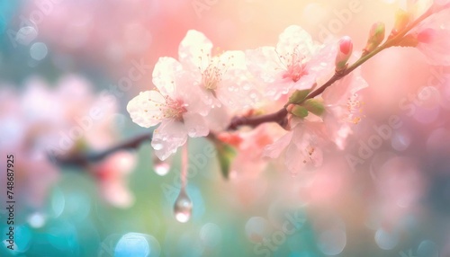Dew-kissed cherry blossoms against a soft, pastel backdrop. Springtime background