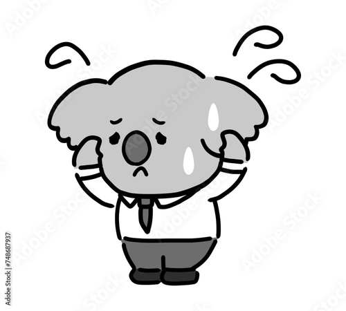 頭を抱えて悩むかわいいコアラのビジネスマン