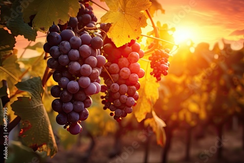 sunset in a vineyard with grapes