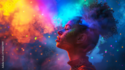 Woman with Vibrant Color Powder Aura A woman surrounded by an explosion of multicoloured powder and lights.