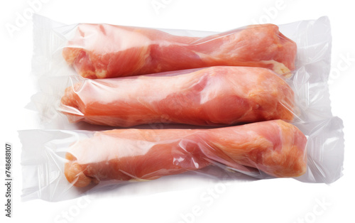 Two pieces of raw meat are tightly wrapped in clear plastic packaging, resting on a clean white background. The meat appears fresh and ready for cooking or storage.