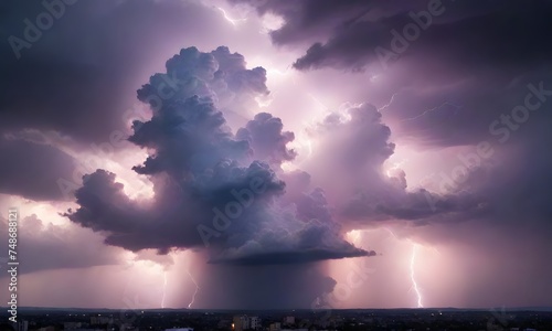 The powerful beauty of nature is captured as lightning emanates from within a massive thundercloud, illuminating the surrounding clouds with a radiant glow. AI generation