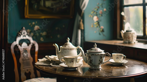 a table with a tea set and a painting on it