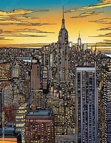 Golden hour casts a warm glow over the iconic New York City skyline.