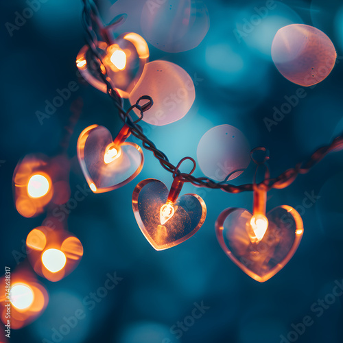Galand of heart shaped lights with bokeh background. photo