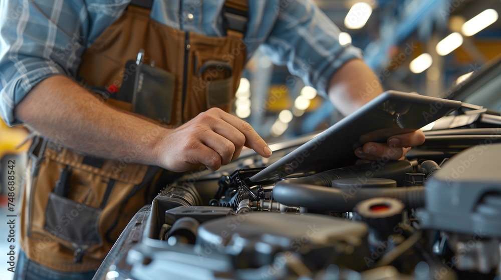 mechanic performs thorough engine analysis with tablet computer, providing precise automotive service and repair mechanic performs thorough engine analysis with tablet computer, providing precise automotive service and repair