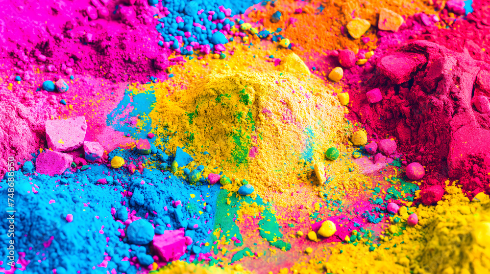 Vibrant colorful piles of yellow, pink, red, blue and orange pigment powders gather on the floor. Suitable for Holi festival presentations or banner design.