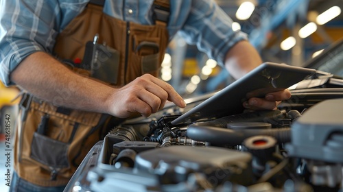 mechanic performs thorough engine analysis with tablet computer, providing precise automotive service and repair