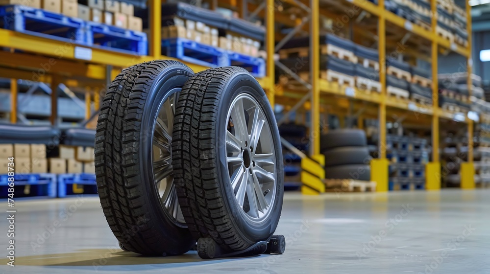 organized tire storage in warehouse facility with new tires placed on racks, catering to automotive industry needs organized tire storage in warehouse facility with new tires placed on racks, catering to automotive industry needs