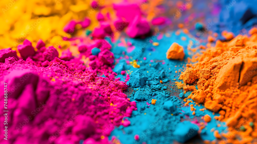 Fototapeta premium Vibrant colorful piles of yellow, pink, blue and orange pigment powders gather on the floor. Suitable for Holi festival presentations or banner design.