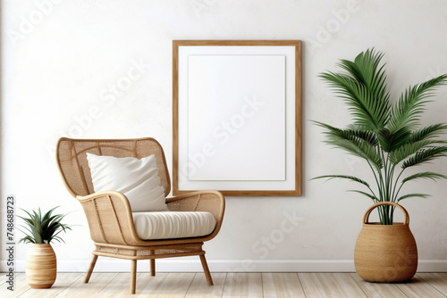 Step into the boho-chic atmosphere of a contemporary living space adorned with a wicker chair, floor vases, and a blank mockup poster frame on a crisp white wall.