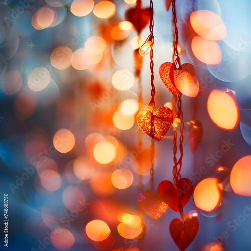 Galand of heart shaped lights with bokeh background. Saint Valentine background. photo