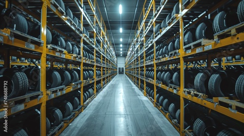 modern warehouse facility featuring organized tire storage, with new tires placed on racks for efficient inventory management