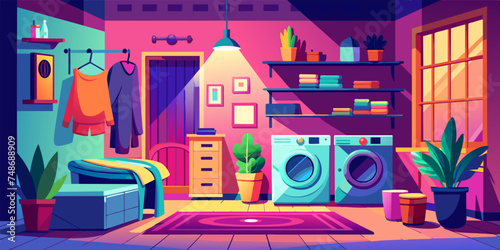Cozy Laundry Bliss: Modern Washing Machines and Folded Clothes Illustration