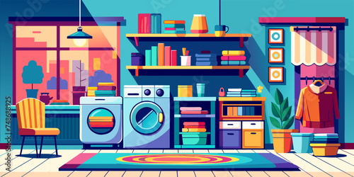 Cozy Laundry Bliss: Modern Washing Machines and Folded Clothes Illustration © theartcreator