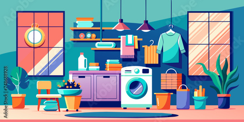 Cozy Laundry Bliss: Modern Washing Machines and Folded Clothes Illustration