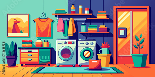 Cozy Laundry Bliss: Modern Washing Machines and Folded Clothes Illustration