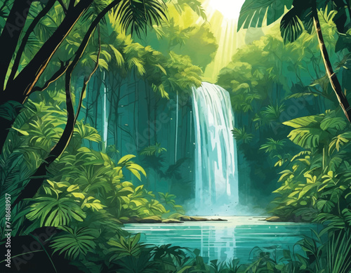Beautiful waterfall in a lush jungle, with sunlight.