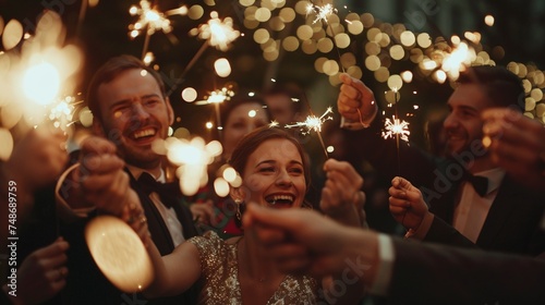 festive celebration with happy people holding sparklers at christmas or new year party, radiating joy and happiness amidst the bengal light at the wedding event photo