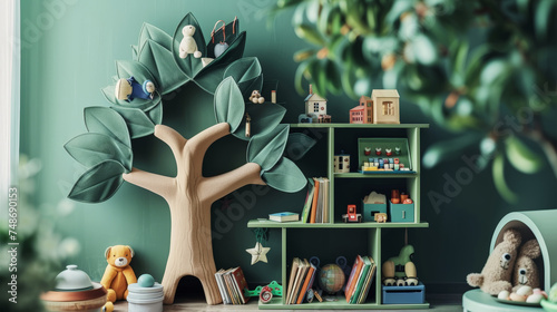 Children's interior with tree-shaped bookshelves. Storage concept. Pastel green colors. Generative AI photo