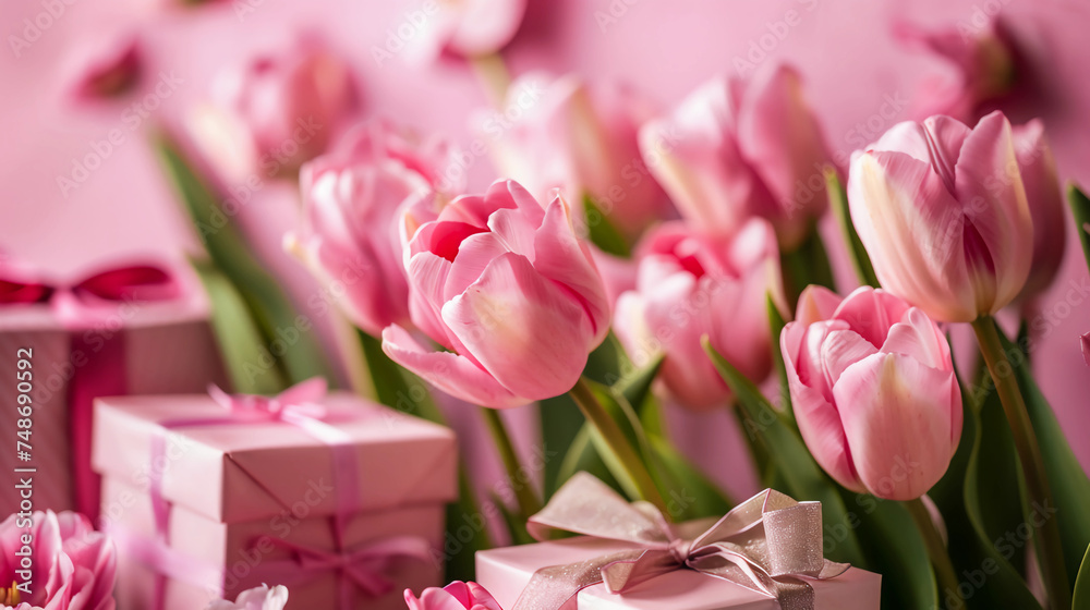pink tulips and gift boxes on a pink background'