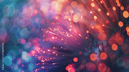 abstract fiber optics light background for holiday celebration, festive concept with colorful bokeh effects