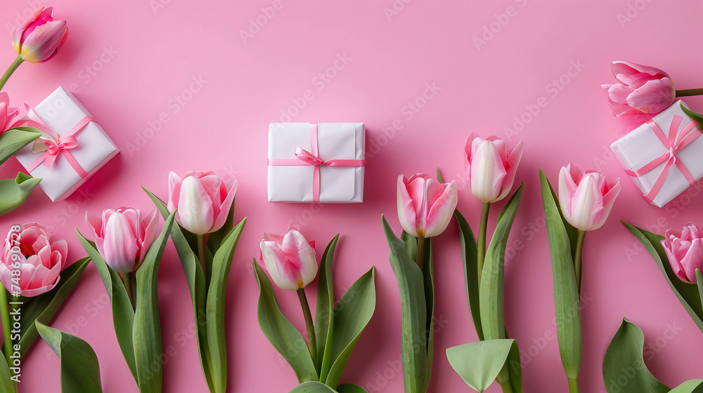 pink tulips and gift boxes on a pink background's pink tulips and gift boxes on a pink background's