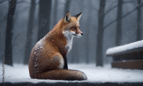 A red fox sits attentively on a snow-covered rock  its fur dusted with snowflakes. The tranquil winter scene is lit by the soft glow of distant lights. AI generation