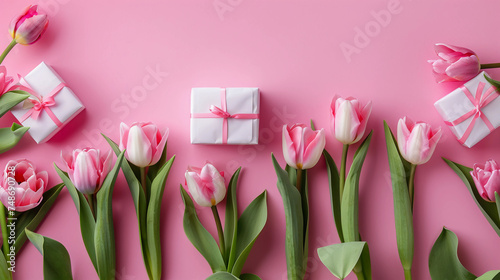 pink tulips and gift boxes on a pink background's © junaid