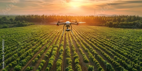 drone flying with camera above farming 