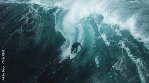 captivating closeup of surfer riding big wave barrel, showcasing thrilling surfing action in the ocean