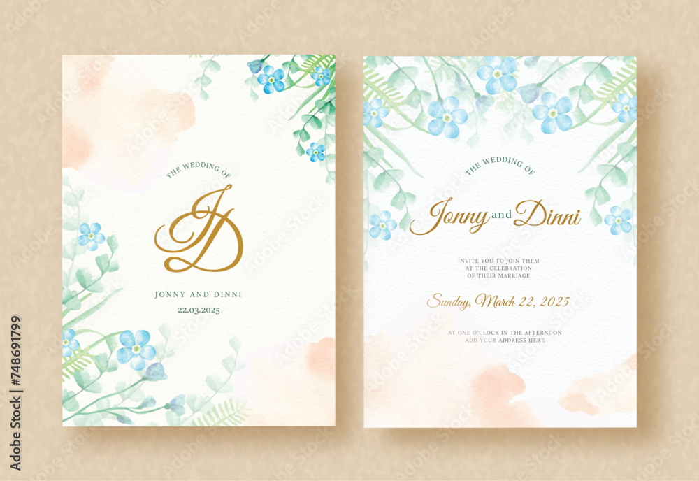 Wedding Invitation Card with Watercolor painting of Blue Flowers and Splash