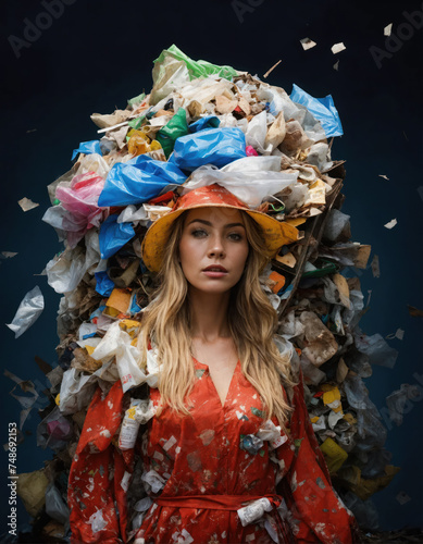 Une femme habillée avec des déchets et sacs poubelle - generative AI