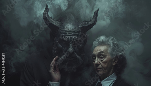 A pact with the devil or Satan, the old sinful woman listens to the advice of the devil from hell. The evil intent of a person.