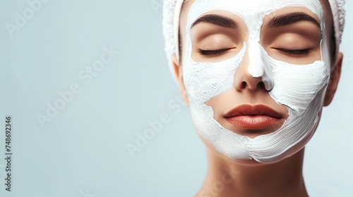 stunning facial skincare scene with a pretty woman wearing a mask against a light background, emphasizing the importance of cosmetic treatments for clean and healthy skin photo